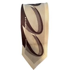 Bruno Conte Mens Silk Necktie Cream Brown Geometric Graphic Abstract Hand Made‎